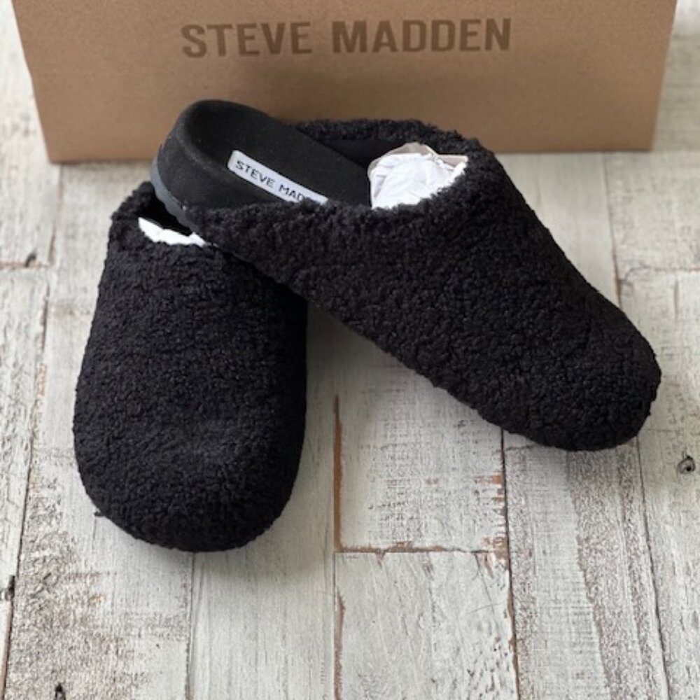 STEVE MADDEN Black Vessel Faux Fur Slide Closed Toe Slippers SIZE 6 *NIB*